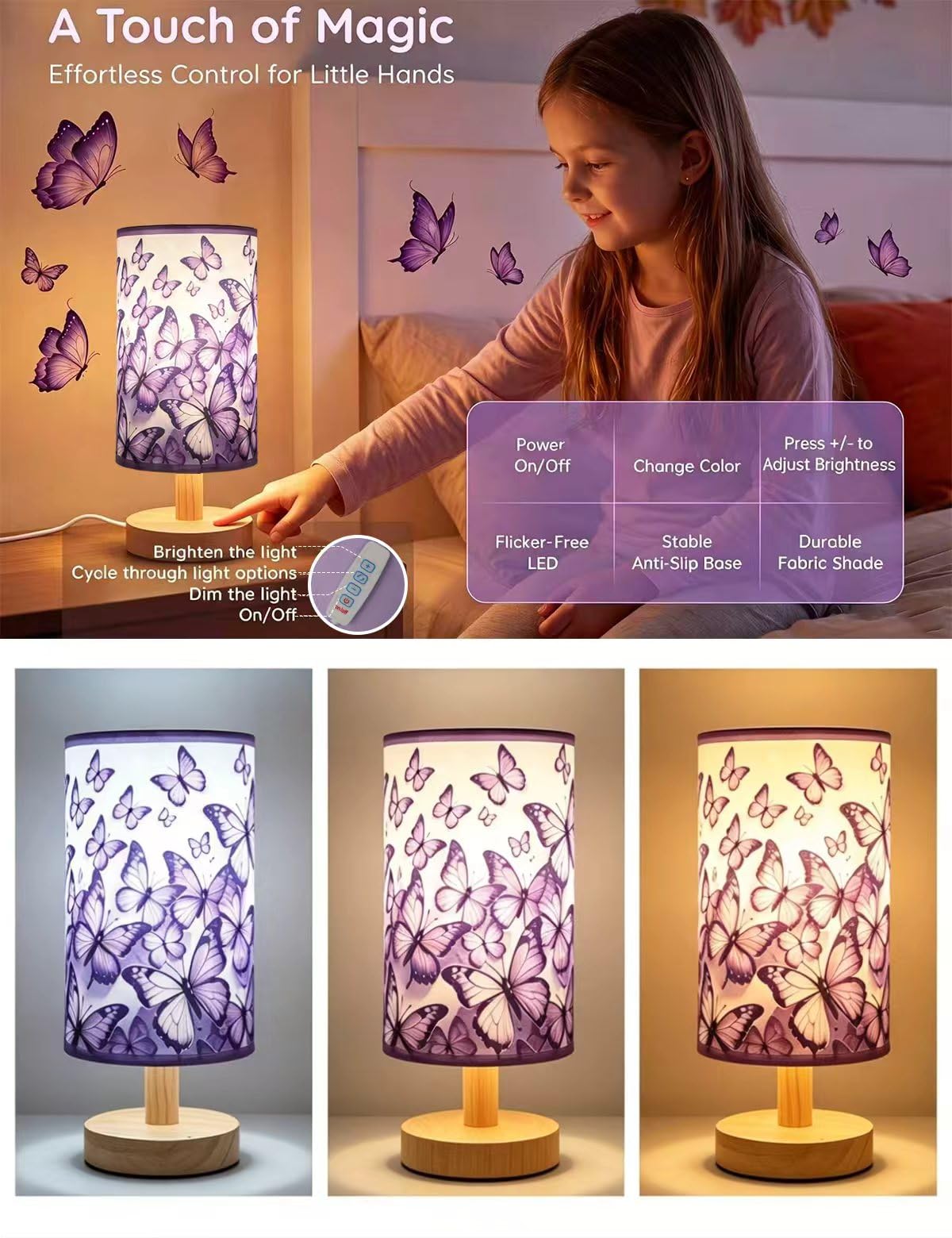 Butterfly Lamp, Girls Lamps for Bedroom 3 Colors Dimmable Nightstand Light