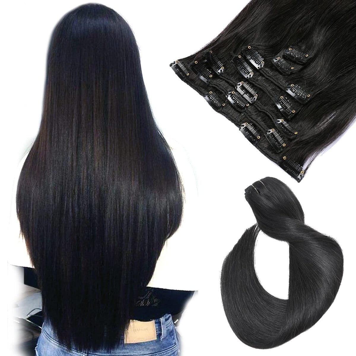 Clip In Hair Extensions, Natural Black Hair Extensions Real Human Hair Clip In Extensions,7 Pieces 70G 9A Grade Straight Double