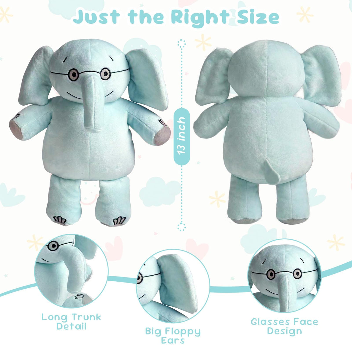 NUWDYSNN Blue Elephant and Pink Little Pig Plush Toy Reading Companions, Filled Animal Plush Toys Suitable as Children's and Home Decorations (Blue Elephant, 13inches)