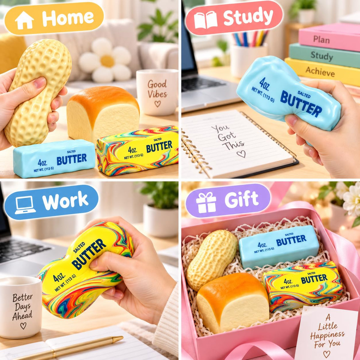 4 Pack Crunchy Squishy Set, Butter, Peanut, Bread & Rainbow Butter Toys