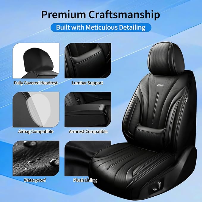 Fit Insight Car Seat Covers (Front Pair) for Select Honda Insight 2010-2022, Premium Full Coverage Leather, Airbag Compatible& Scratch-Resistant, Waterproof & All Weather Seat Protector, Black