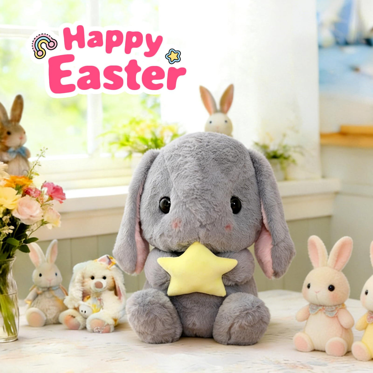 HOUPU Lop Bunny Plush 8.6in Gray Star Stuffed Bunny Kids Easter Toy