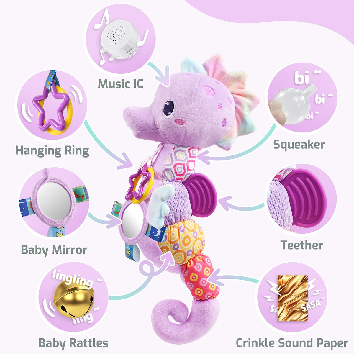 Sumobaby Baby Toys Musical Stuffed Animal Activity Soft Toys with Mirror