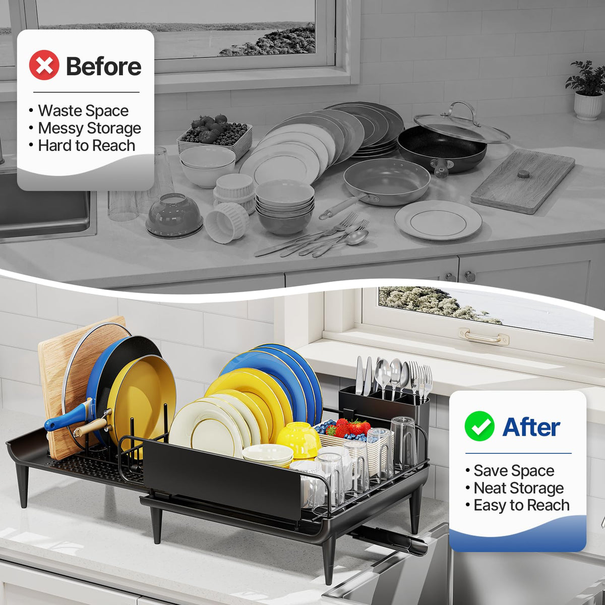 Urackify Expandable Dish Drying Rack for Kitchen Counter with Drainboard