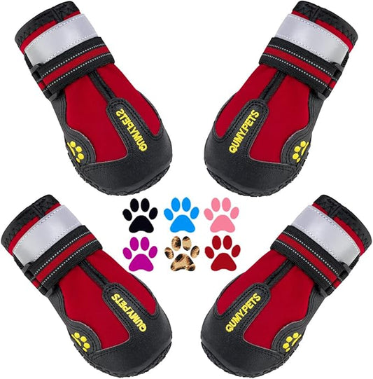 QUMY Dog Shoes for Large Dogs, Medium Dog Boots & Paw Protectors for Winter Snowy Day, Summer Hot Pavement, Waterproof in Rainy Weather, Outdoor Walking, Indoor Hardfloors Anti Slip Sole Red Size 3