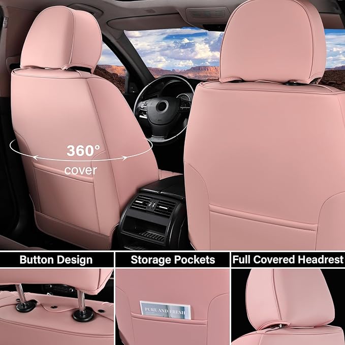 Coverado Car Seat Covers Front, Seat Covers for Cars, Waterproof 2-Pack Car Seat Cushions, Leather Carseat Seat Protectors, Universal Seat Covers Fit for Most Sedans SUV Pick-up Trucks(Pink&Grey)