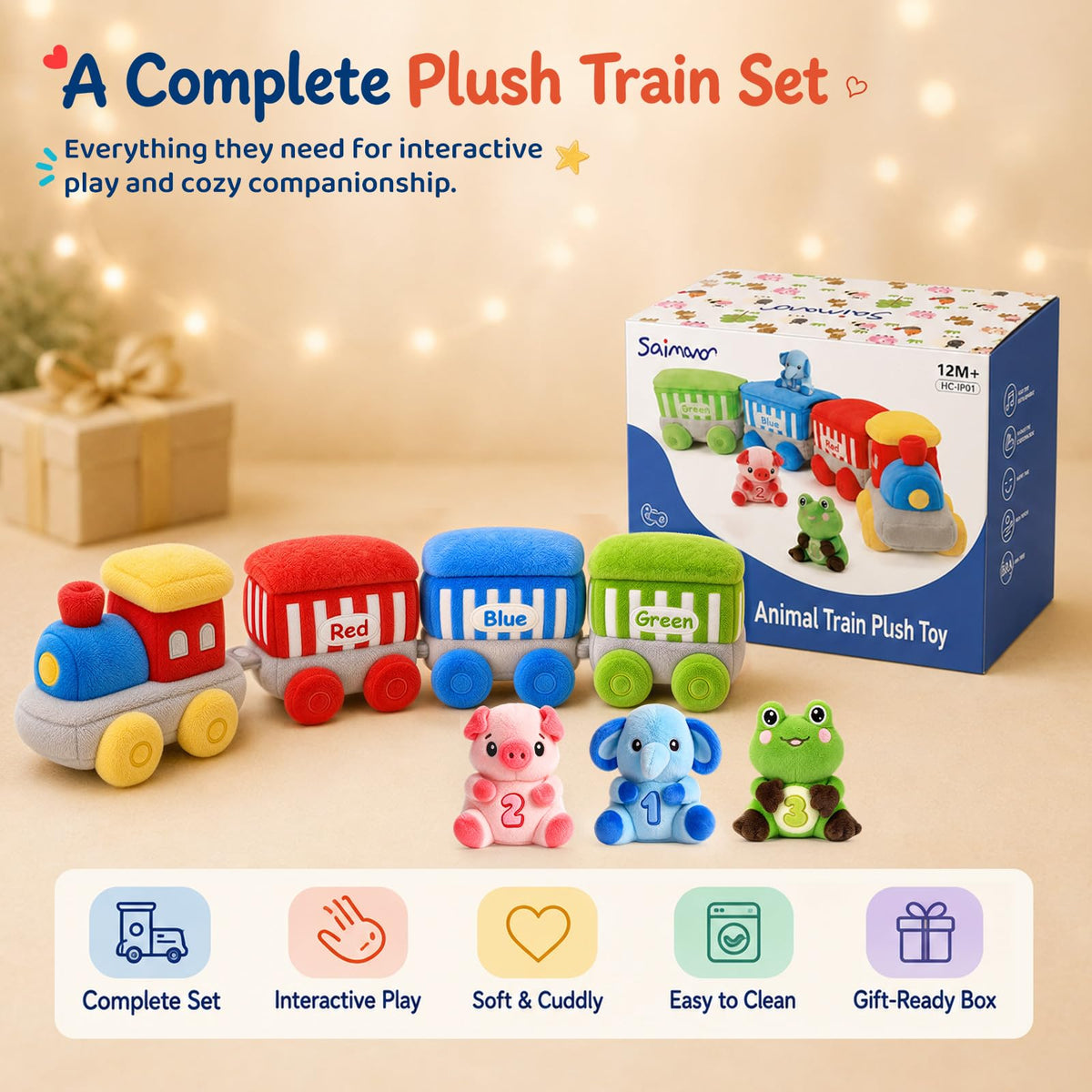 SAIMAND Baby Toys 12-18 Months, Soft Plush Animal Train Sensory Playset