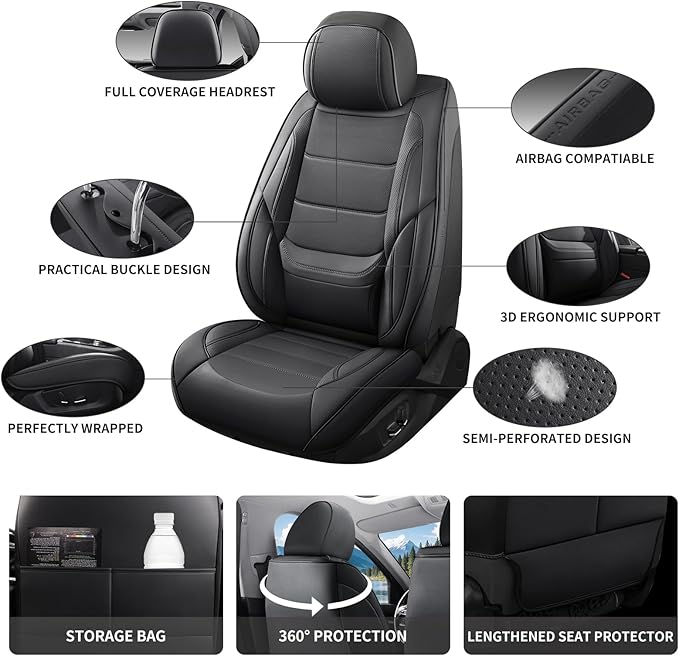 Car Seat Covers Full Set Custom Fit for Mercury Mountaineer 1997-2010,Premium Faux Leather with Lumbar Support, Breathable, Anti-Slip & Soft Touch(Black,Fullset)