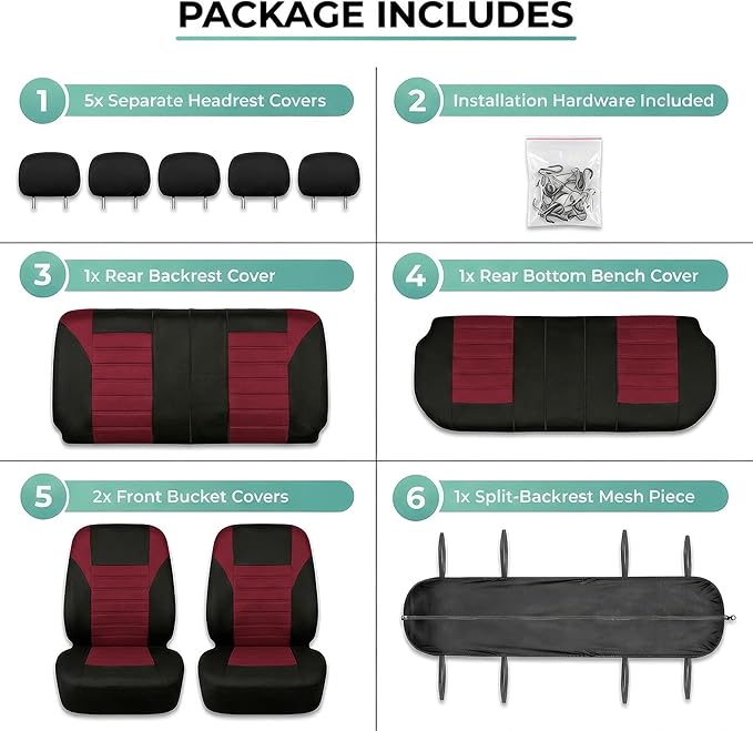 FH Group Automotive Car Seat Covers Full Set Premium 3D Air Mesh Front Seat Covers, Airbag Compatible & Split Bench Cover Universal Fit Interior Accessories for Cars Trucks and SUVs - Burgundy