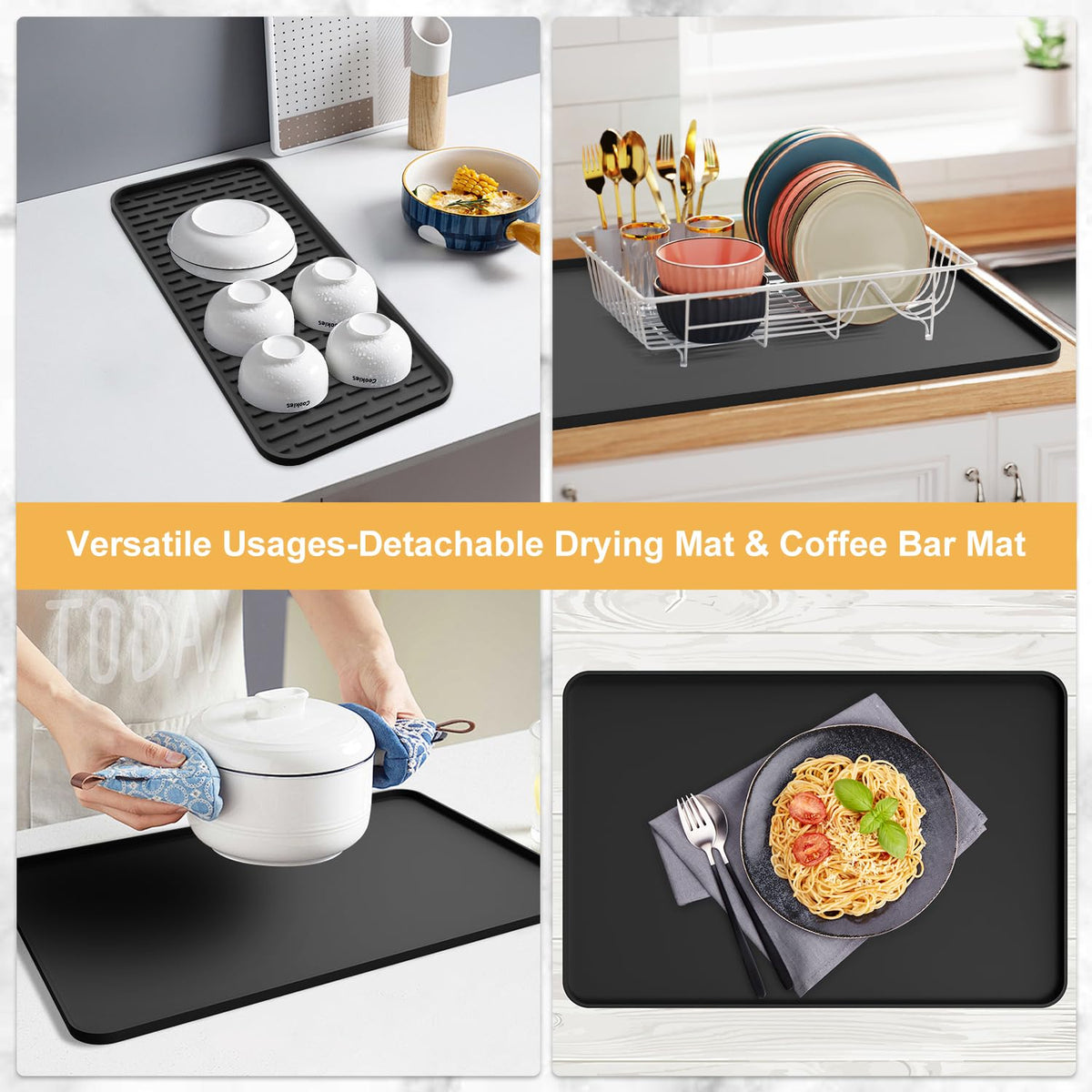 Silicone Coffee Mat, 24''x16'' Bar Mat with Detachable Dish Drying Mat - Fits Under Coffee Maker & Dish Rack