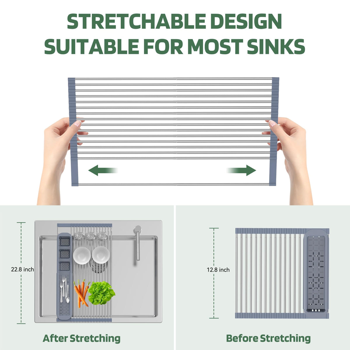 BBXTYLY Expandable Roll Up Dish Drying Rack,Over The Sink Drying Rack Sink Kitchen Accessories Rolling up Stainless Steel Drainer, Foldable with Removable Utensil Holder(Gray)