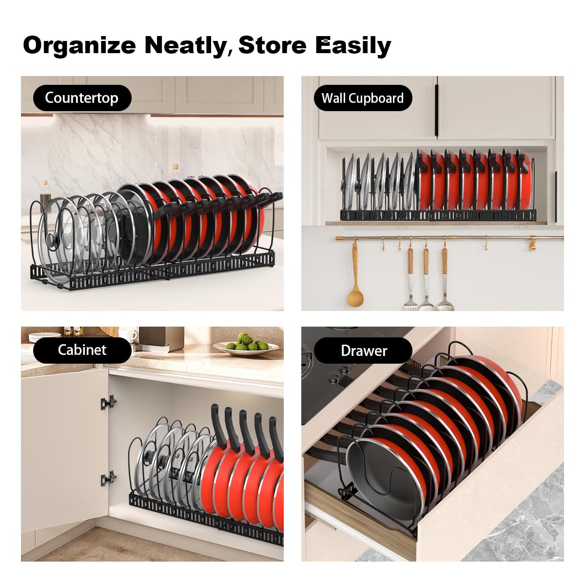 Housolution Pot and Pan Lid Organizer Holder Storage Rack, Black