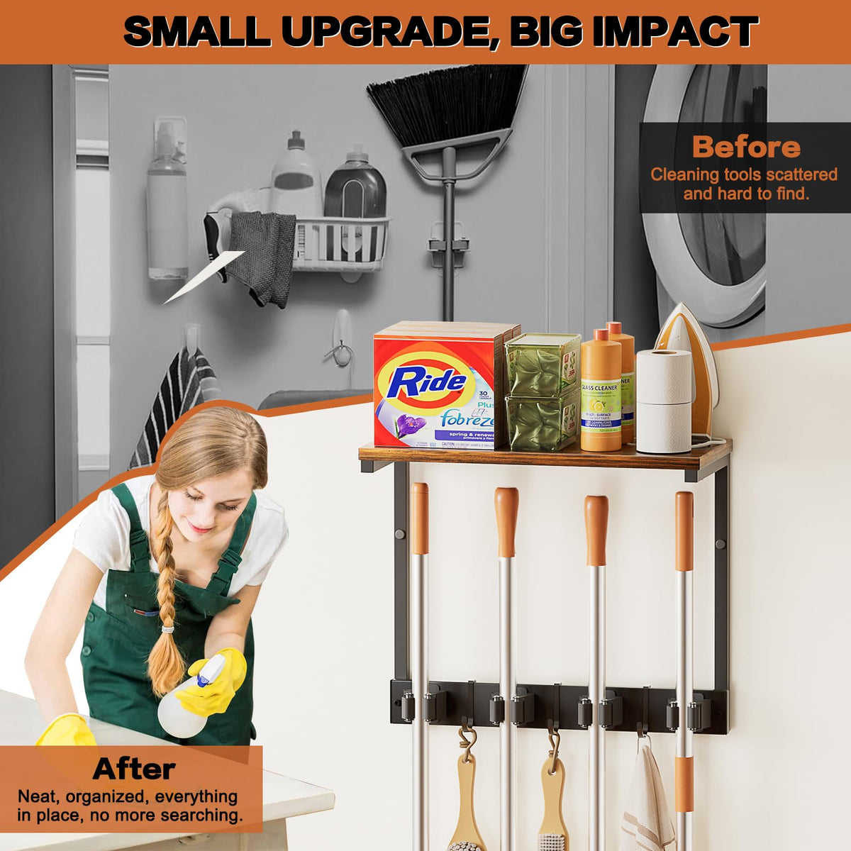 Olakee Broom Holder Wall Mount with Cleaning Supplies Organizer, Laundry Room Organization and Storage Shelves, Mop Hanger Broom Rack with Hooks, Home Improvement Kitchen Shelf Garage Organizer