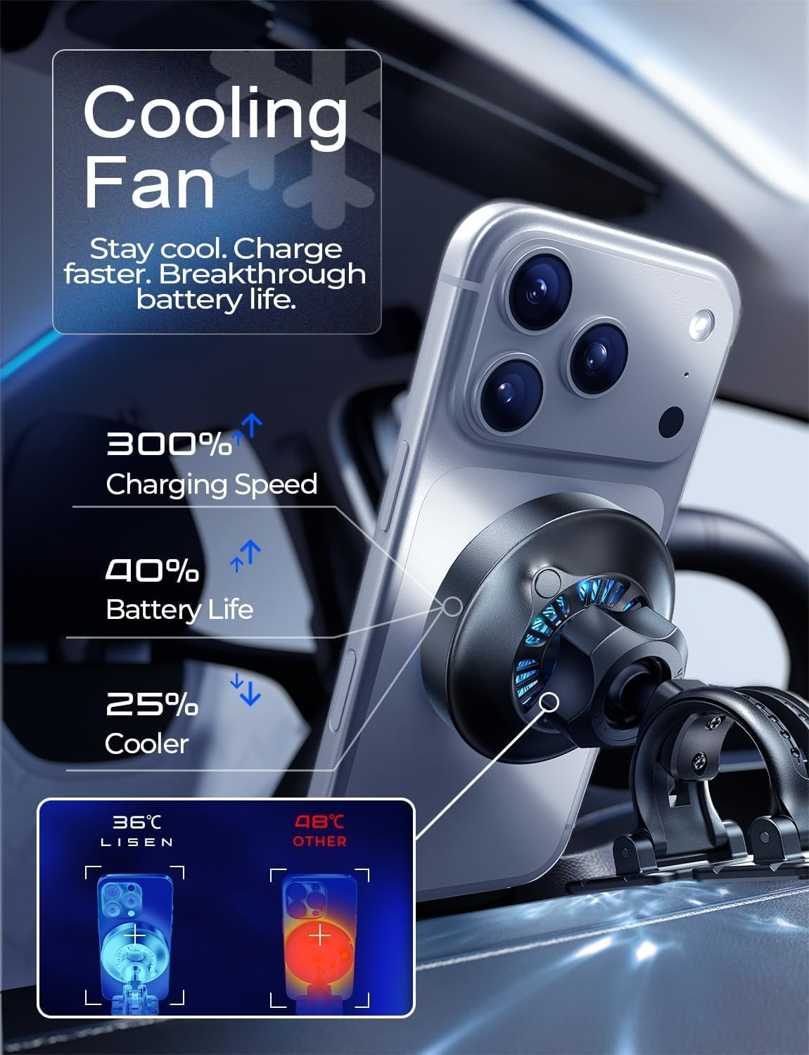 LISEN Qi2.2 25W MagSafe Car Mount Charger with Cooling Fan, Fast Charge for iPhone 18 Pro Max, Certified 3 in 1 Magnetic Wireless Car Chager for iPhone 17 16 15 Pro Max, Car Charger and Cable Included