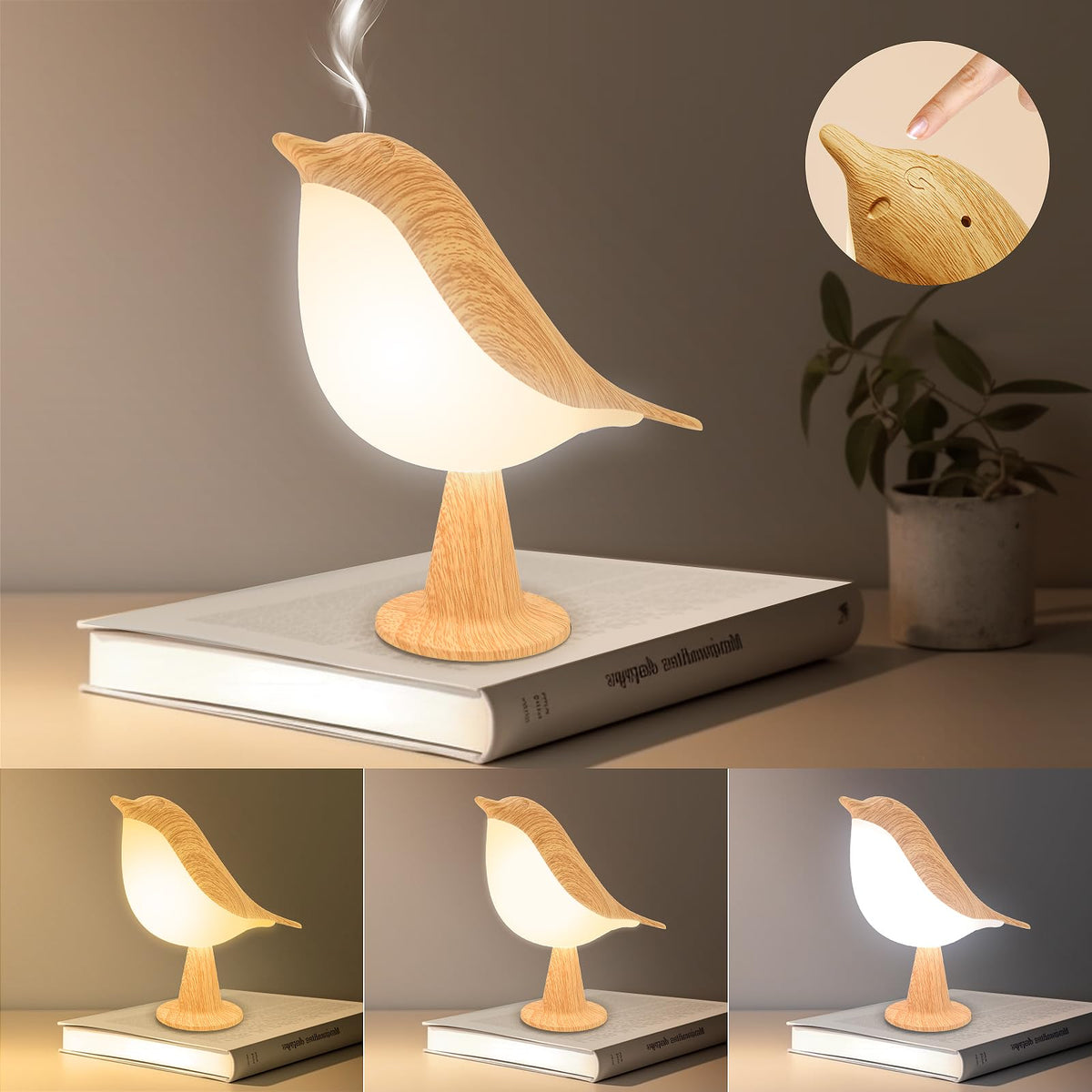 Haotao Small Cute Bird Table Lamp, Touch Night Light, Cordless Bedside Lamps, Desk Lamp, 3-Way Dimmable USB Rechargeable Battery 2600mAh Nightstand Lamps for Bedroom, Bird Decor Gifts