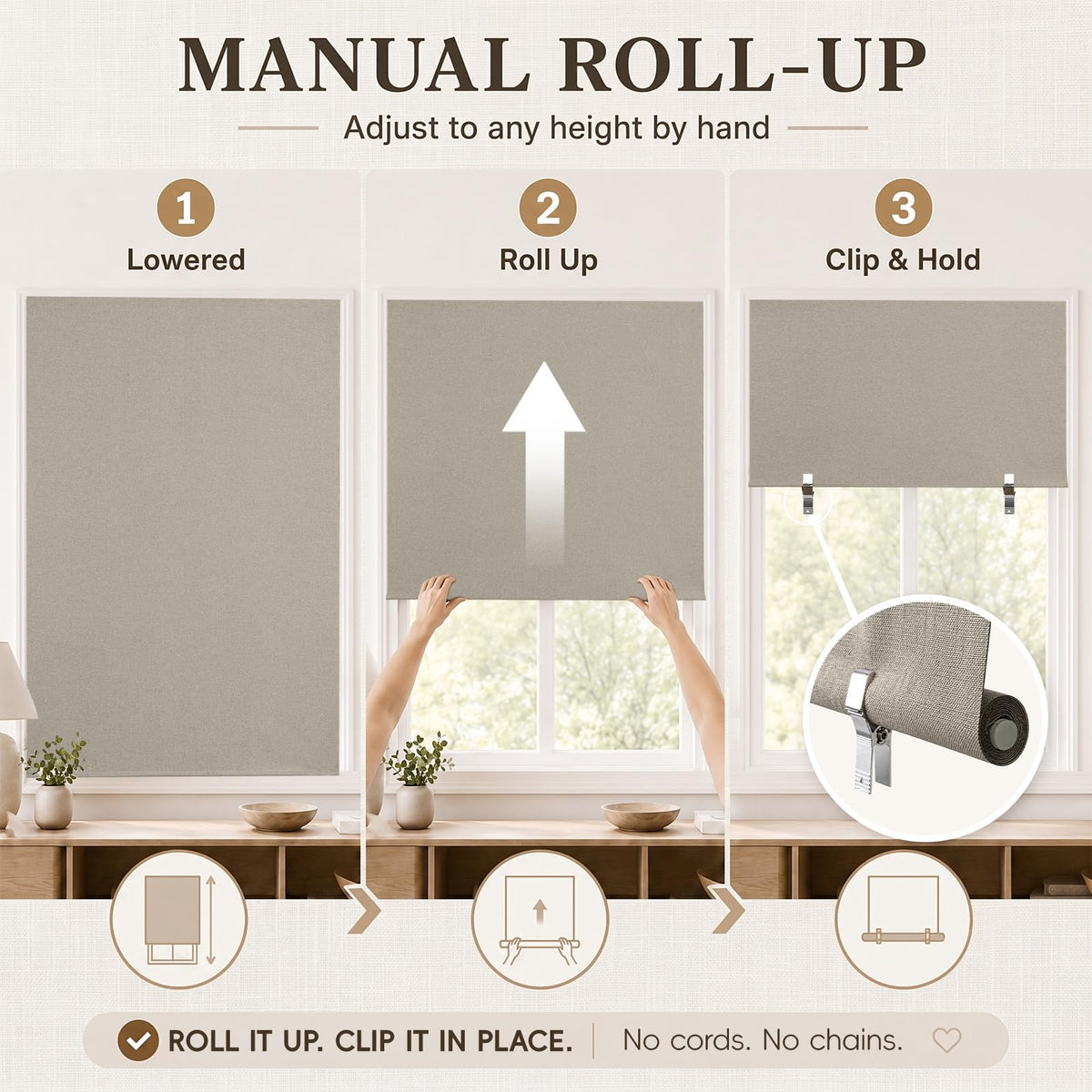 JILRON 100% Blackout Roller Shades,No-Drill Adhesive Blackout Curtains,Blinds for Indoor Windows(47" W x 72" H, Light Coffee)