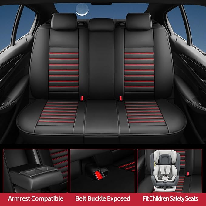 Fit Ridgeline Car Seat Covers for Honda Ridgeline 2007-2025 2026 - Upgraded Premium Waterproof & Breathable Leather, Airbag Compatible, All-Weather Seat Cushion Protector (Full Set, Black+Red)