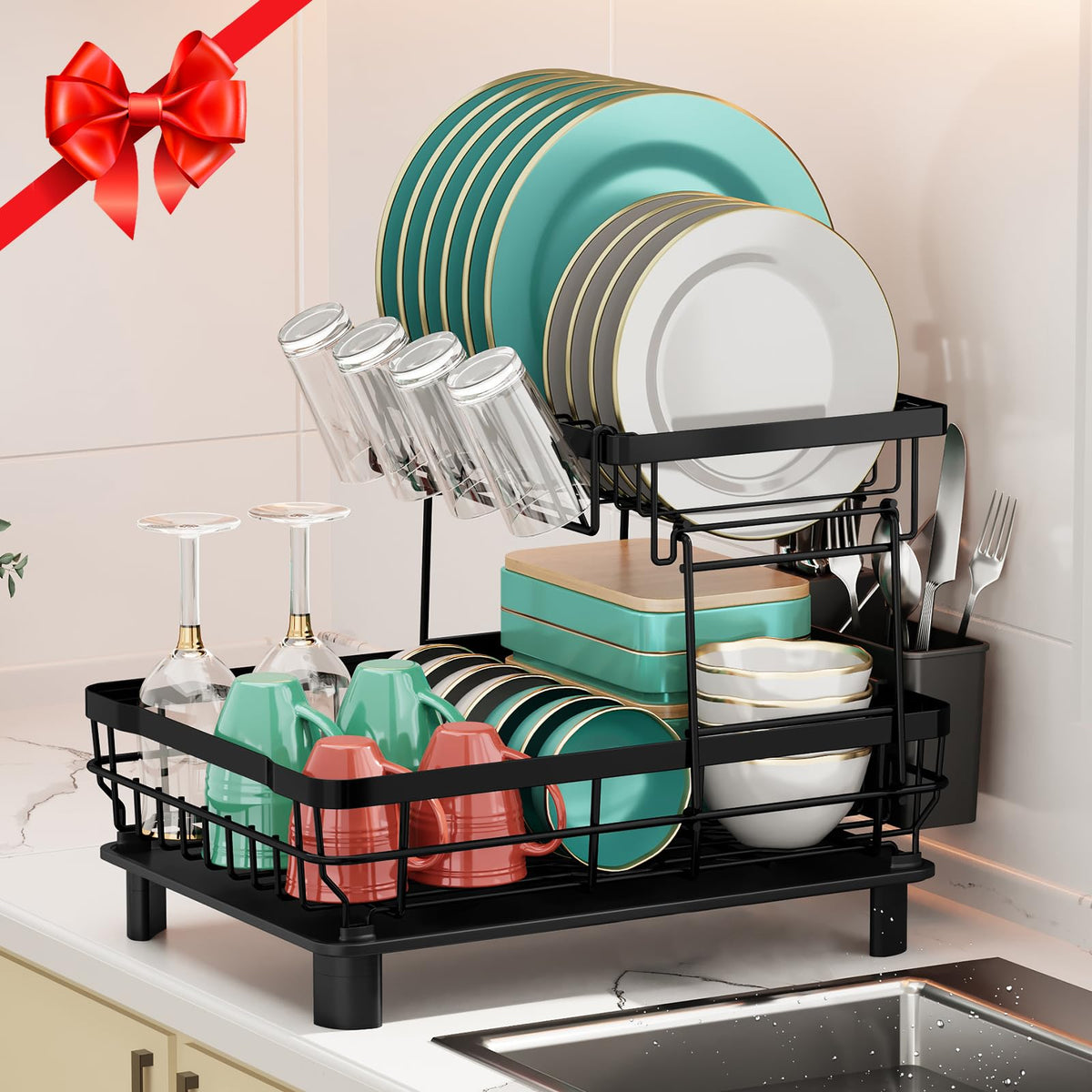 MOUKABAL 2 Tier Dish Drying Rack with Drainboard for Kitchen Counter, Black