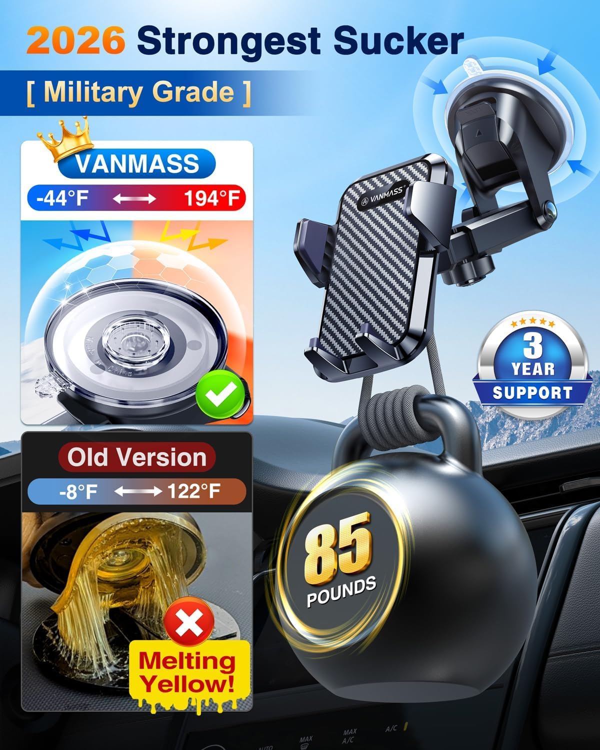 VANMASS【85+LBS Strongest Suction & Military-Grade Ultimate Car Phone Mount【Patent Safety Certs】 Cell Phone Holder for Dash Windshield Vent for iPhone 18 17 Pro Max Automobile Interior Sets, Ink Black