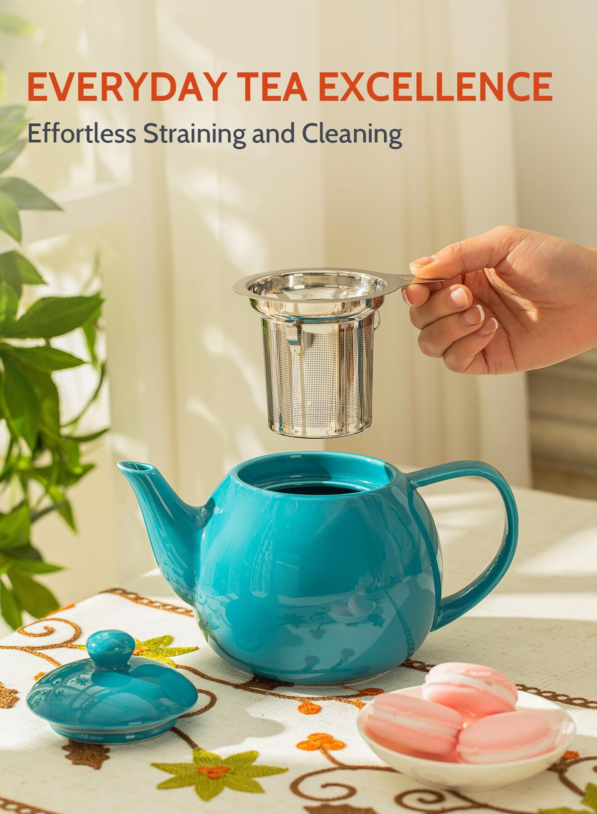 Sweese Teapot, Porcelain Tea Pot with Stainless Steel Infuser, Blooming & Loose Leaf Teapot - 27ounce, Steel Blue