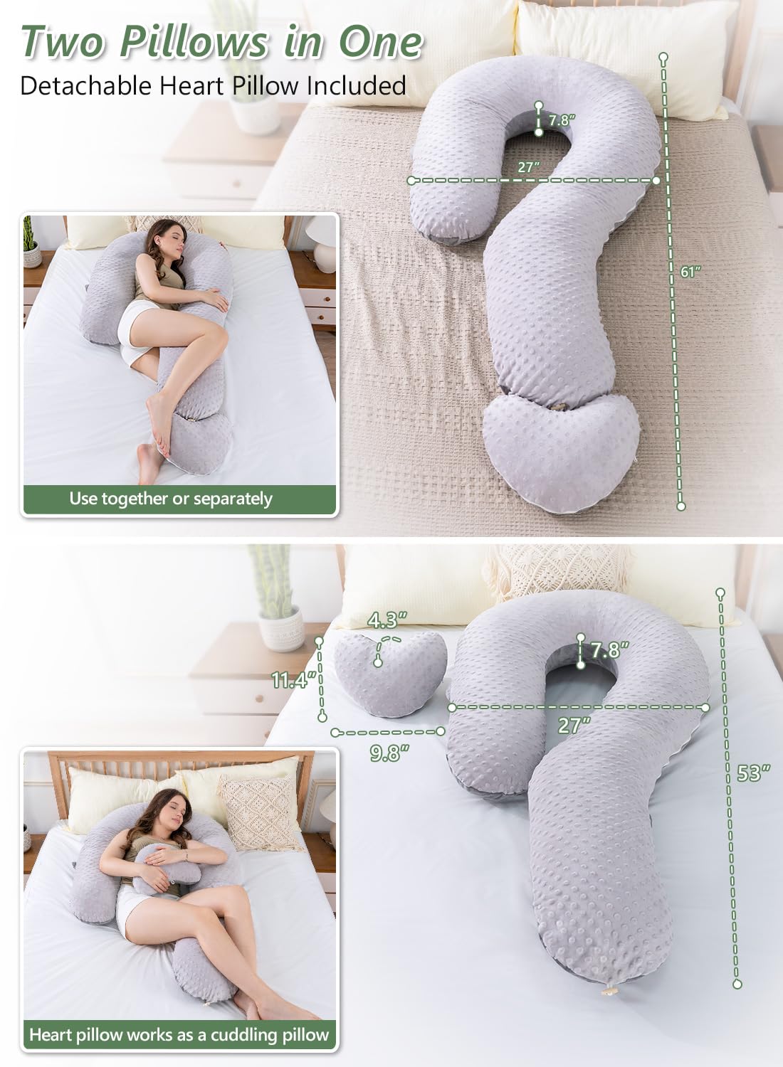 Meiz Question Mark Body Pillow for Adults & Couples, Dual-Sided Velvet Long Bolster Pillow with Detachable Heart Cushion for Hugging, Full Body Support Pillow for Side Sleepers & Back Support