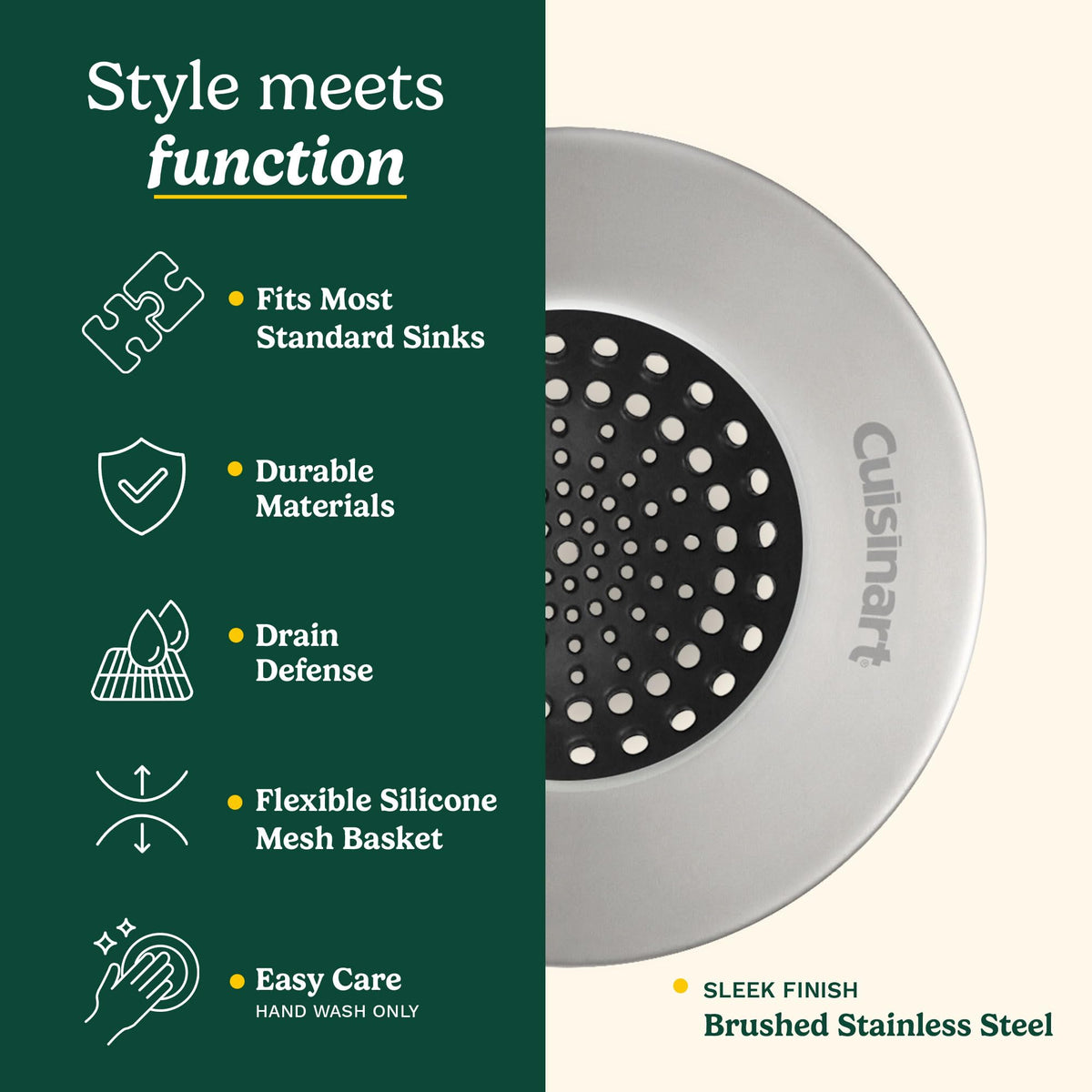 Cuisinart Sink Strainers- 2 Pack Kitchen Sink Drain Strainer & Food Catcher with Enamel-Coated Stainless Steel Rim and Silicone Base, Fits Standard 3.5" Drains, Outer Diameter 4.35", Scratch-Safe