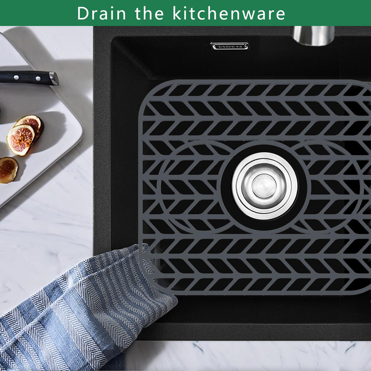 GUUKIN Sink Protectors for Kitchen sink, 13 5/8" x 11 5/8" Folding Non-slip Silicone Mat Grid for Bottom of Farmhouse Stainless Steel Porcelain Sink with 3 Reserved Holes