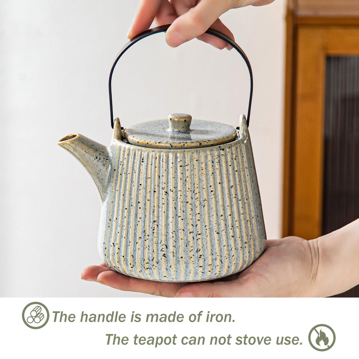 Yundu Ceramic Teapots for Tea, 1000ml/33.8oz Tea Pot with Infusers for Loose Tea, Striped Tea Pot with Removable Tea Infuser - Reactive Grey