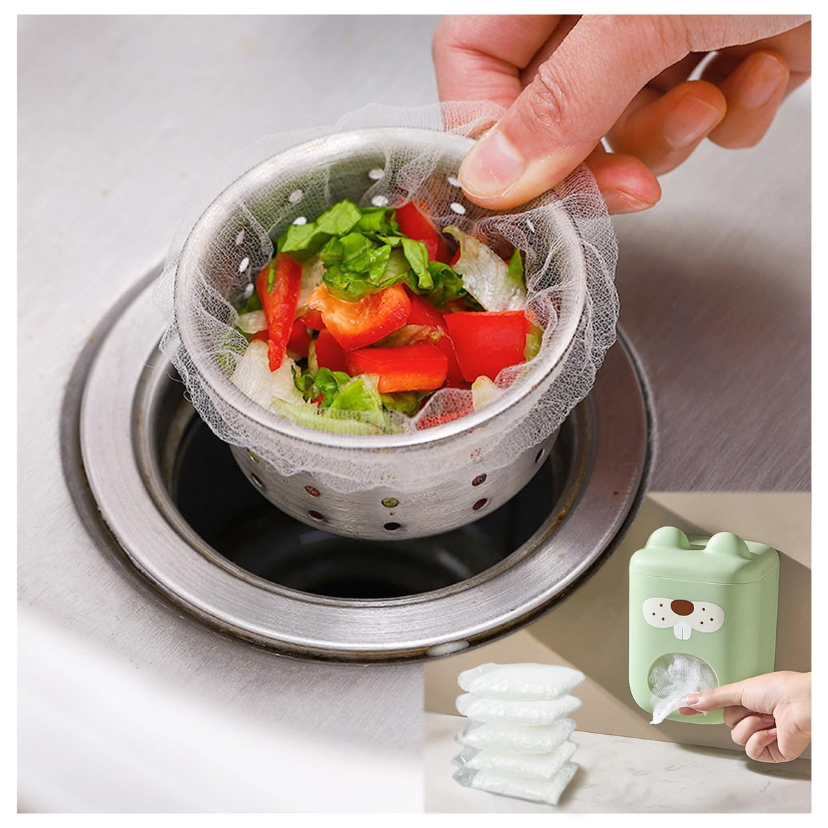 500 Filter Net Bags for Sink Drain Strainer with Storage & Dispenser Box