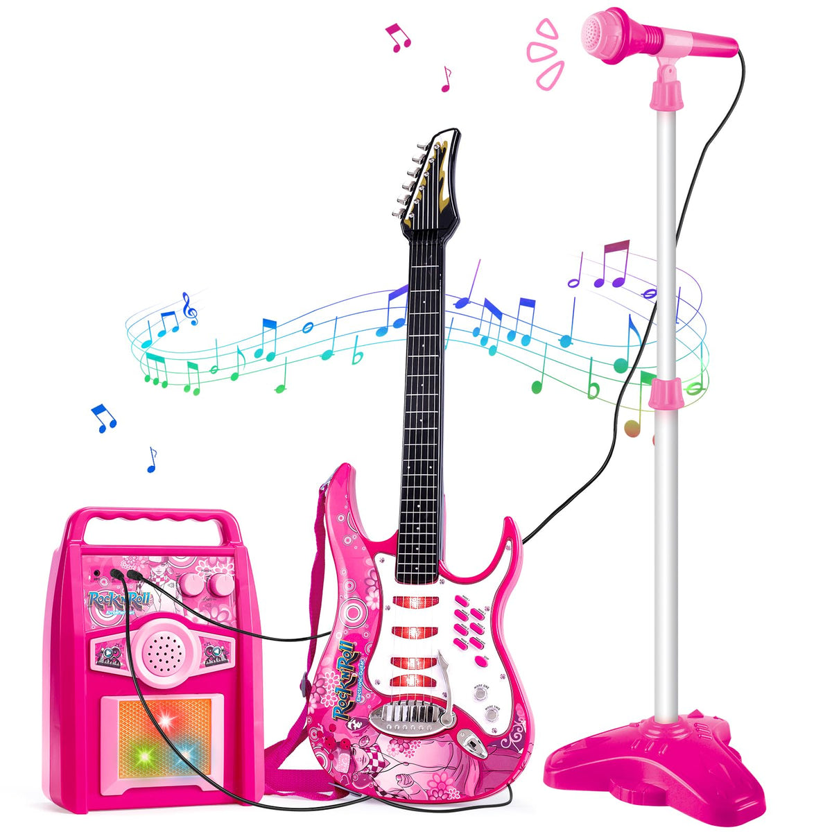 deAO Kids Electric Musical Guitar Toy Set with Mic & Amp,Lights & Sounds