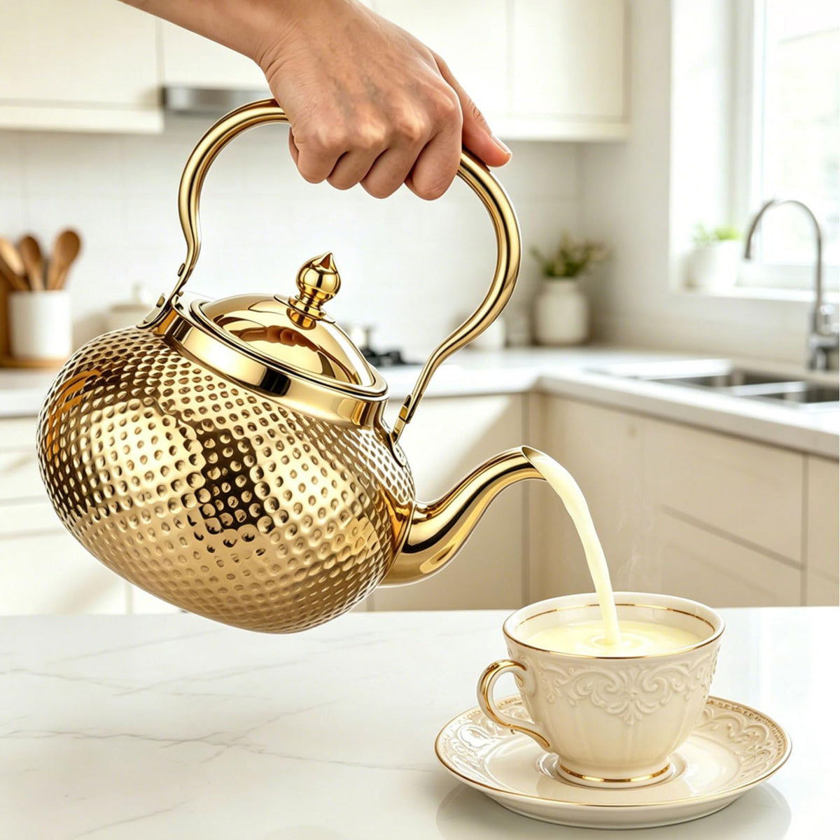 2L/67.6oz Gold Tea Kettle, Hammered Stovetop Teapot with Removable Fine Mesh Infuser, Stainless Steel Rust-proof Vintage Water Boiler for Induction/Gas, Home Office Camping Gift