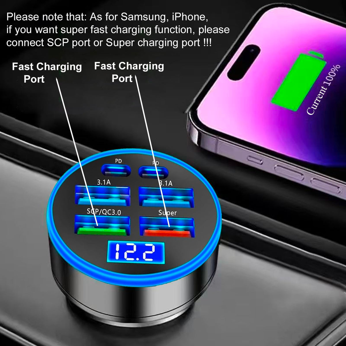 Super Fast Charge USB C Car Phone Charger Adapter 6 in 1 with Voltage Display 250W Multi Port Cigarette Lighter USB Charge for iPhone 18 17 16 15 14 13 12 11 Samsung Galaxy Huawei Oneplus Oppo Vivo