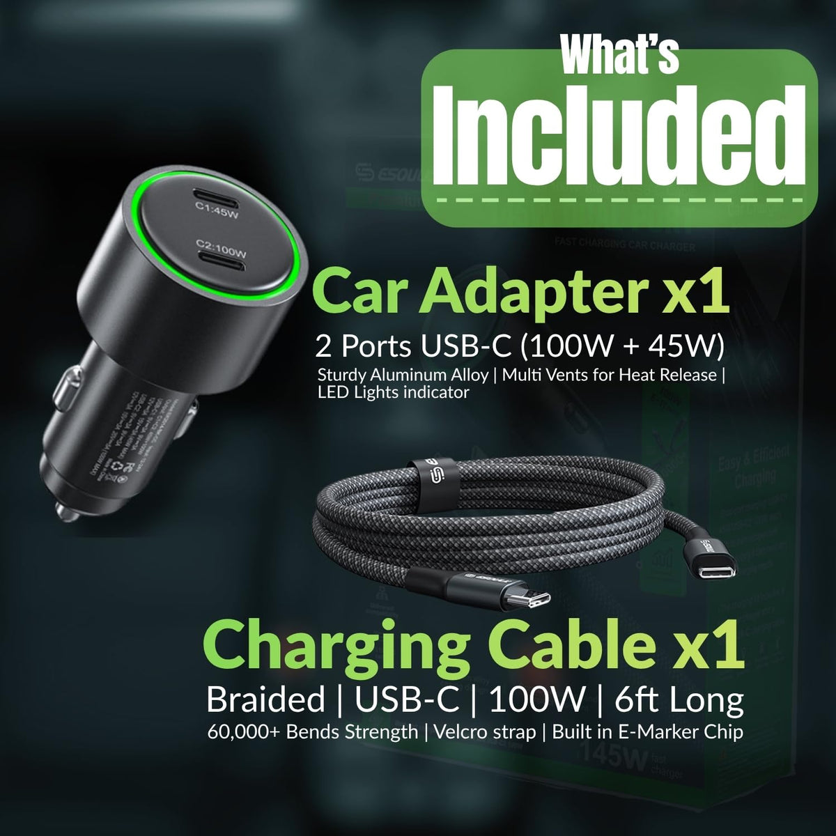 ESOULK 145W USB C Car Charger Charges Two Devices with 100W and 45W Outputs