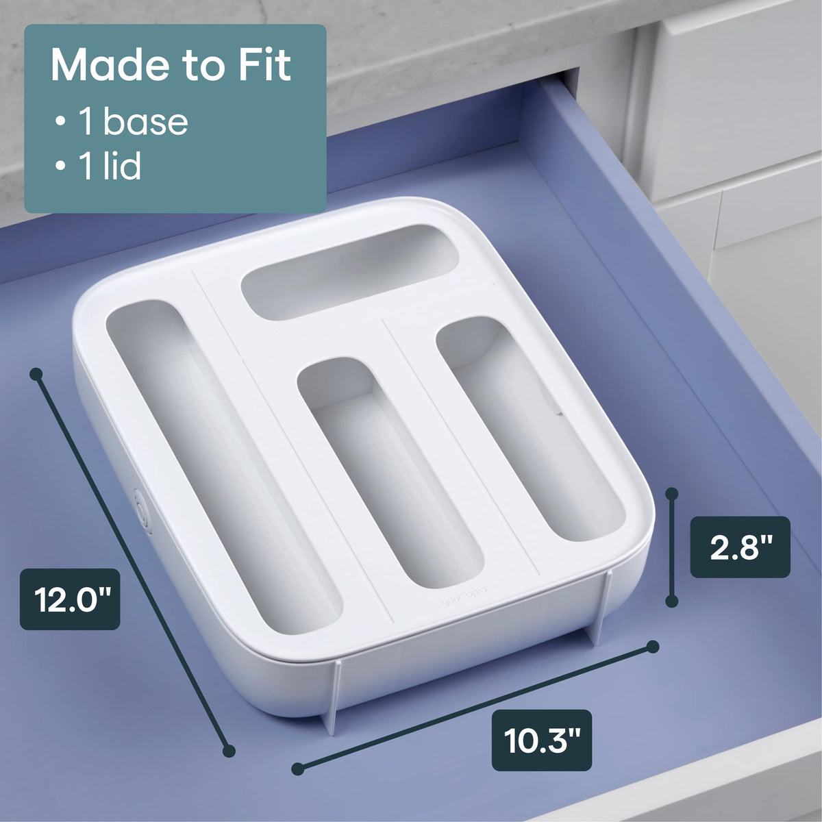 YouCopia StoraBag Drawer Food Bags Dispenser, 4-Slot, Plastic Sandwich Bag Organizer for Kitchen Storage, White