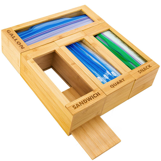 mHomeAid Bag Storage Organizer - Bamboo Food Plastic Baggie Holder, Dispenser, and Container for Kitchen Drawer - Fits Ziplock and Ziploc Gallon, Quart, Sandwich & Snack Sized Slider Bags (Bamboo)