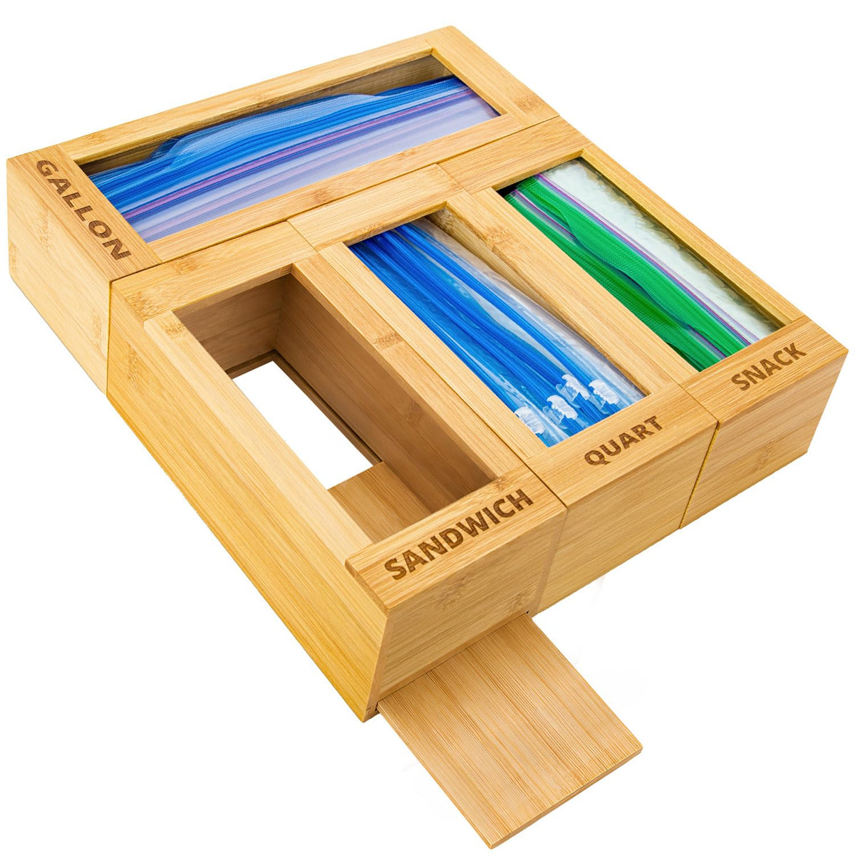 mHomeAid Bag Storage Organizer - Bamboo Food Plastic Baggie Holder, Dispenser, and Container for Kitchen Drawer - Fits Ziplock and Ziploc Gallon, Quart, Sandwich & Snack Sized Slider Bags (Bamboo)
