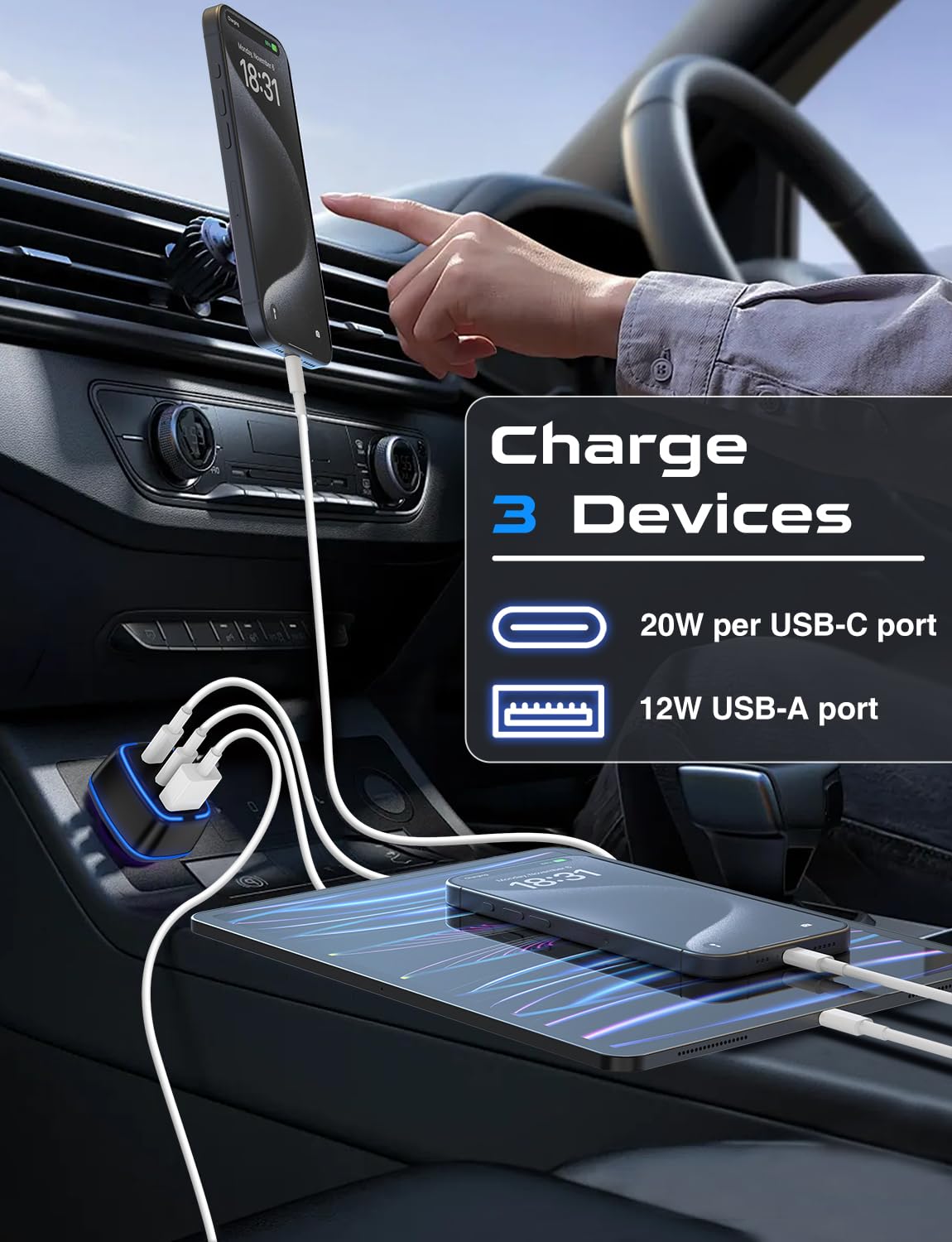 USB C Car Charger, 3 Port PD Super Mini Cigarette Lighter Adapter, 2Pack USB-C & A Fast Car Charging for iPhone 16/15 Pro Max, Galaxy S25/S24, iPad, Pixel, Android Phones,Travel Essentials for Men