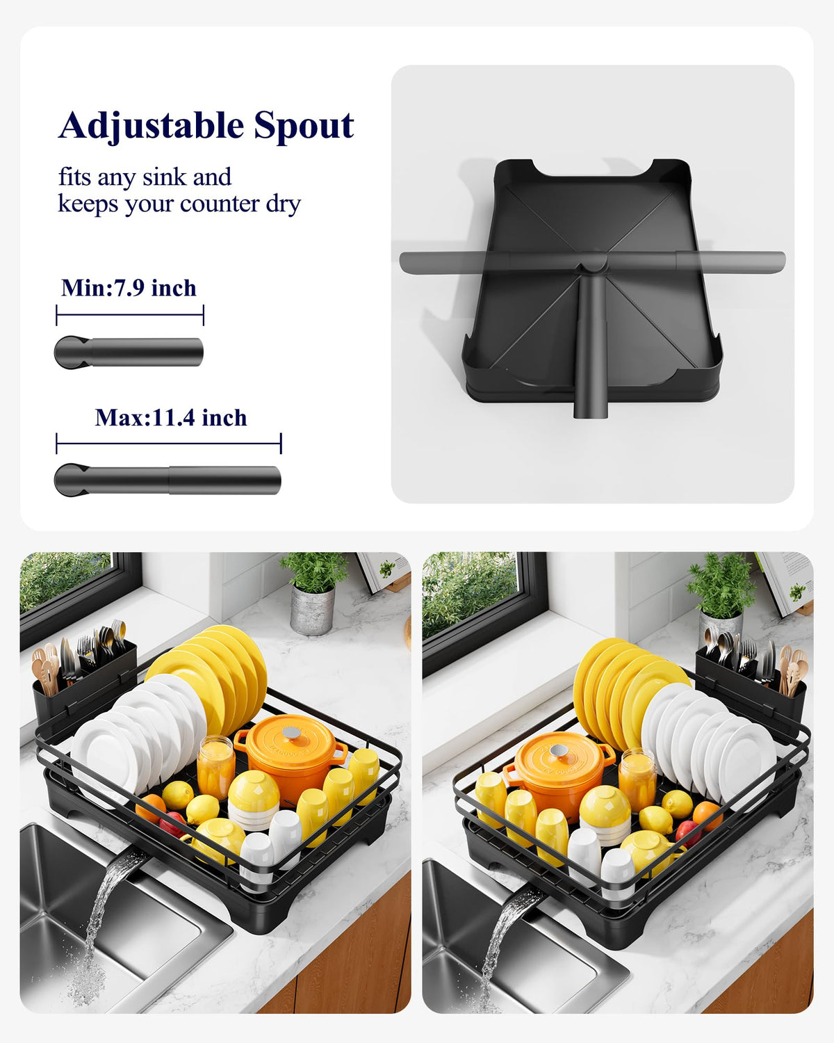 Kitsure Multi-Functional Dish Drying Rack, 15.7" x 12.0" x 5.5", Black