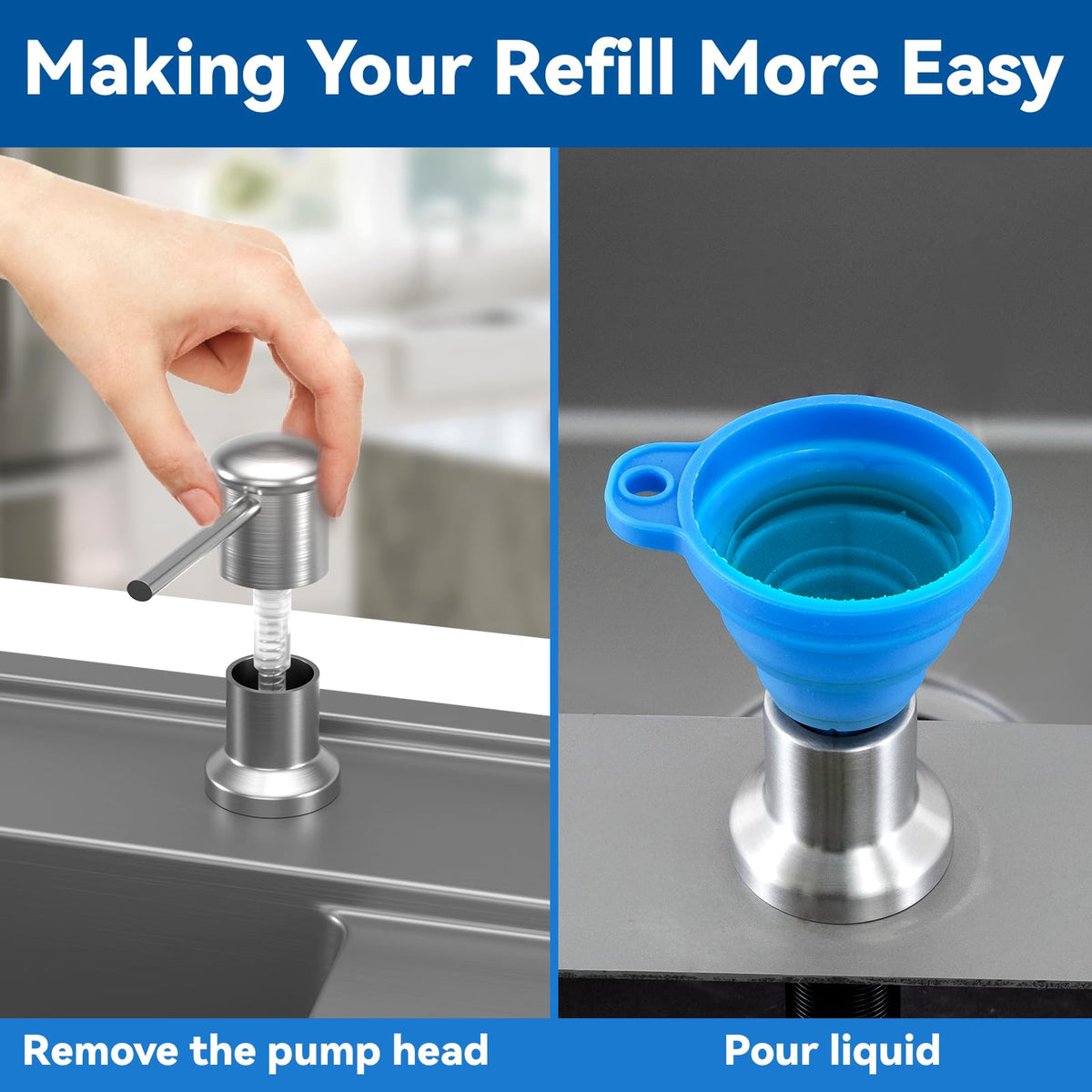 Dish Soap Dispenser, Kitchen Sink Soap Dispenser Pump with 17 OZ Bottle, Refill from The Top, Wide Pump Head Base (Brushed Nickel)