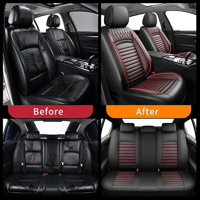Fit Legacy Car Seat Covers(Only for 5 Seats Version)for Select Ford Legacy 2008-2024 2025 2026-Full Coverage Leather,Airbag Compatible,Waterproof&All Weather Seat Cushion Protector(Black+Red)