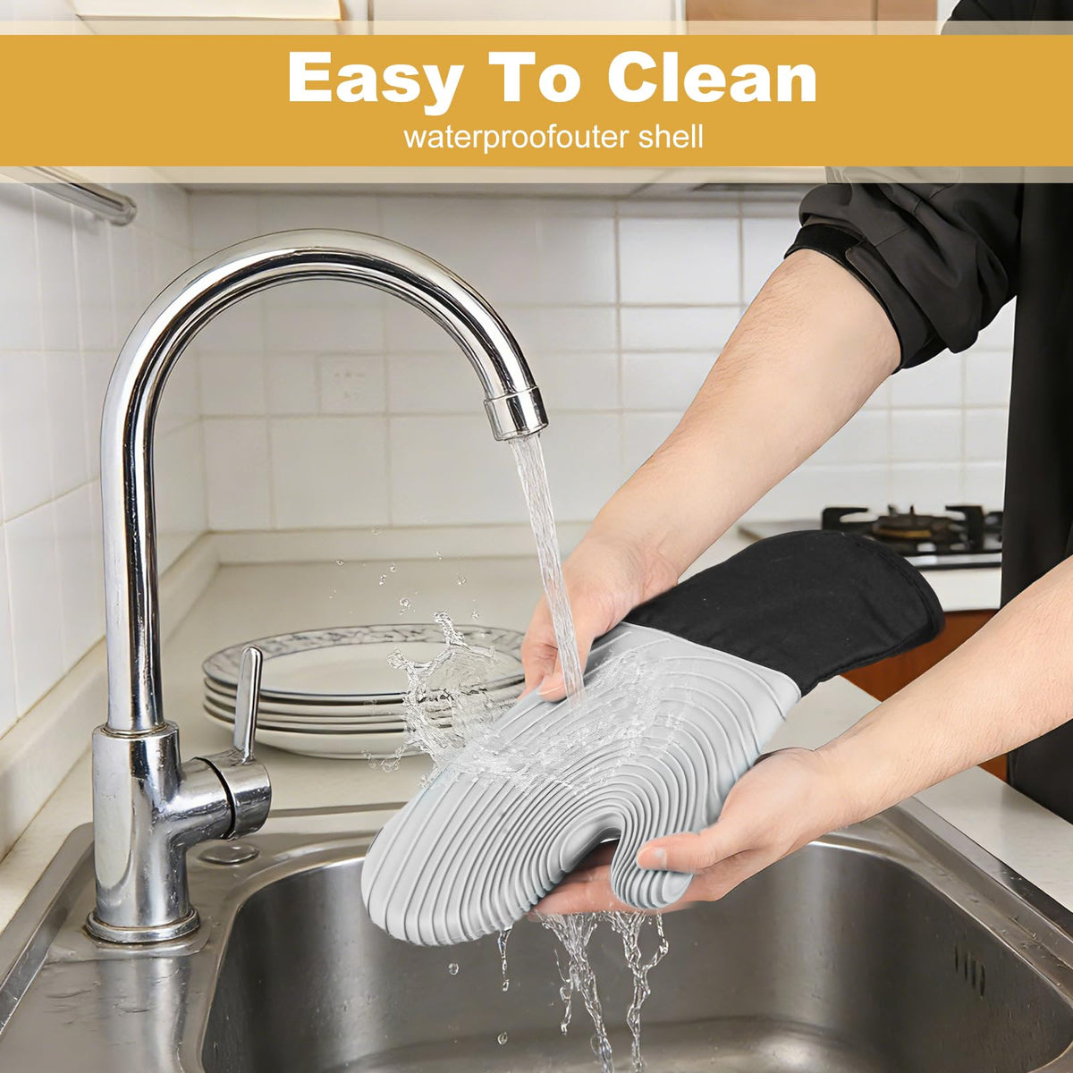 Silicone Oven Gloves, Heat Resistant to 480°F. Waterproof & Easy-to-Clean Thickened Oven Kitchen Gloves