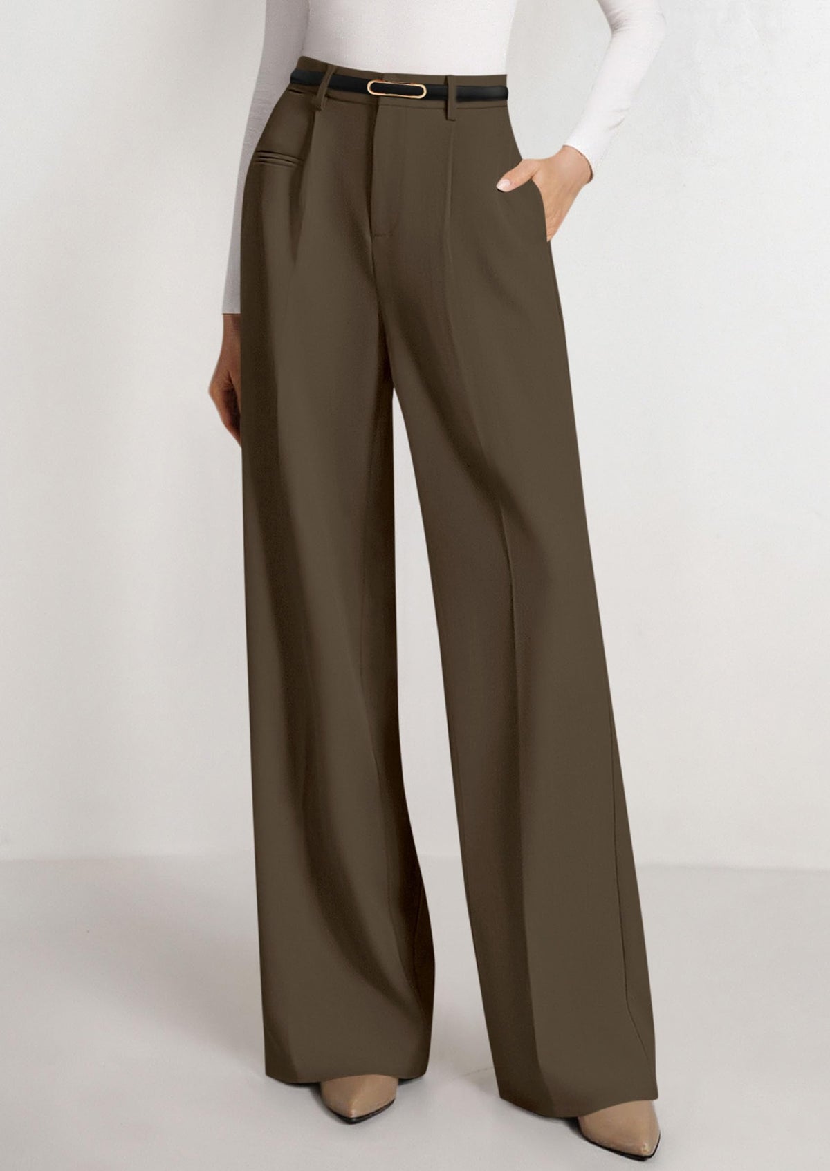 PRETTYGARDEN Women's Tailored Wide Leg Work Dress Pants,Coffee,M