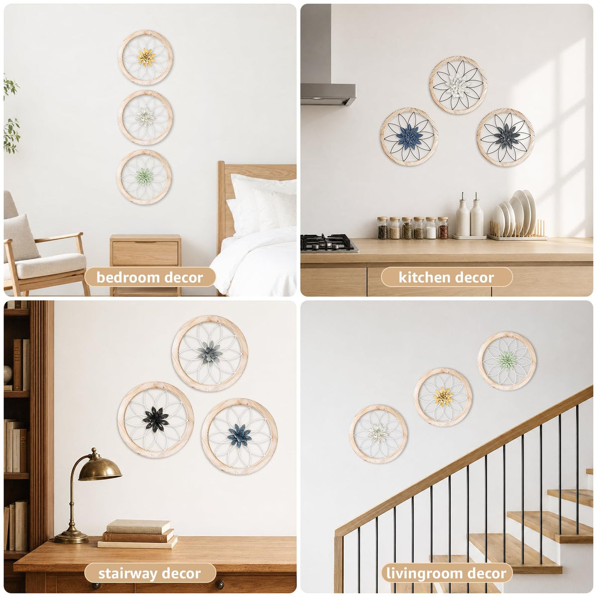 Paquesta 3 Piece Round Farmhouse Wall Decor with 6 Piece Interchangeable Flowers 12'' Medallion Wood & Metal Rustic Wall Art for Living Room Bedroom Kitchen Bathroom Dining Room Home Decorations