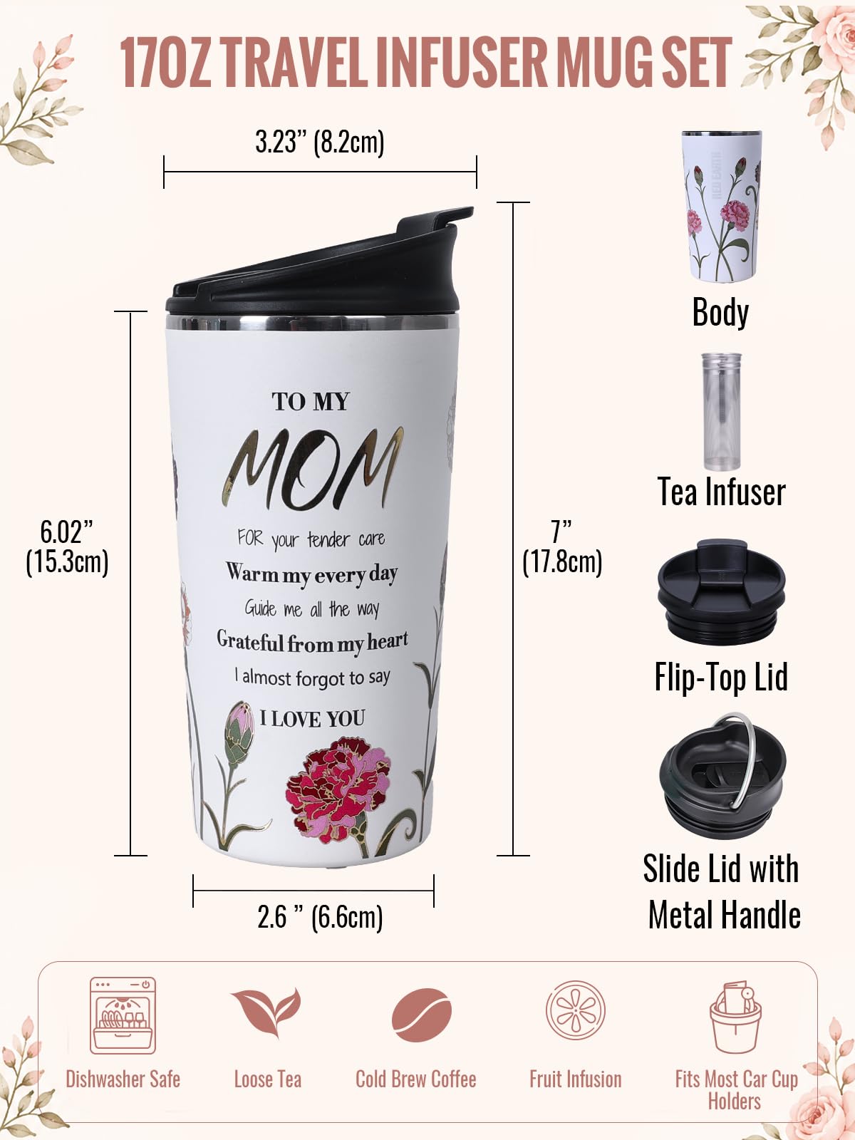 GiNT Mom Birthday Gift, 17oz Travel Tea Mug with Infuser, 2 Lids, 316L Stainless Steel Insulated Loose Leaf Tea Cup with Strainer, Leak-Resistant To-Go Mugs for Hot & Cold Brew Coffee(Raised Gold Foil