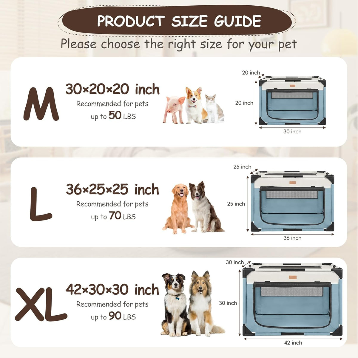 Dog Crate - Soft Pet Kennel for Dogs/Cats, 3-Door Breathable Travel Cage with Mesh Window, Portable Dog Kennel for Indoor & Outdoor，Blue-M