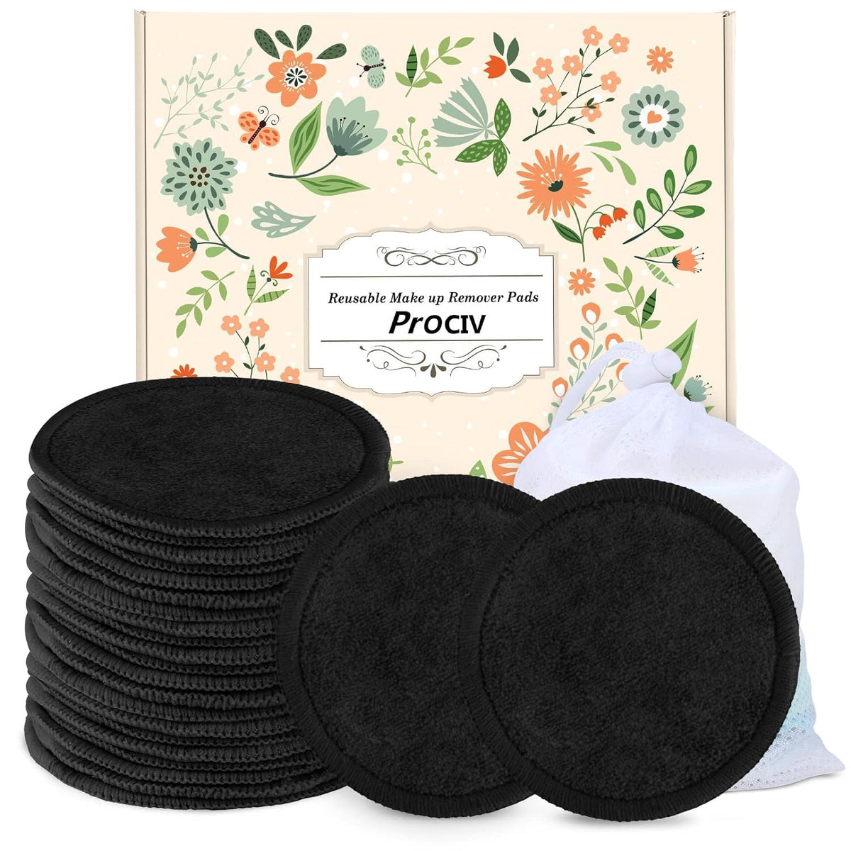 ProCIV Reusable Makeup Remover Pads, 25 Packs Organic Washable & Eco, Black