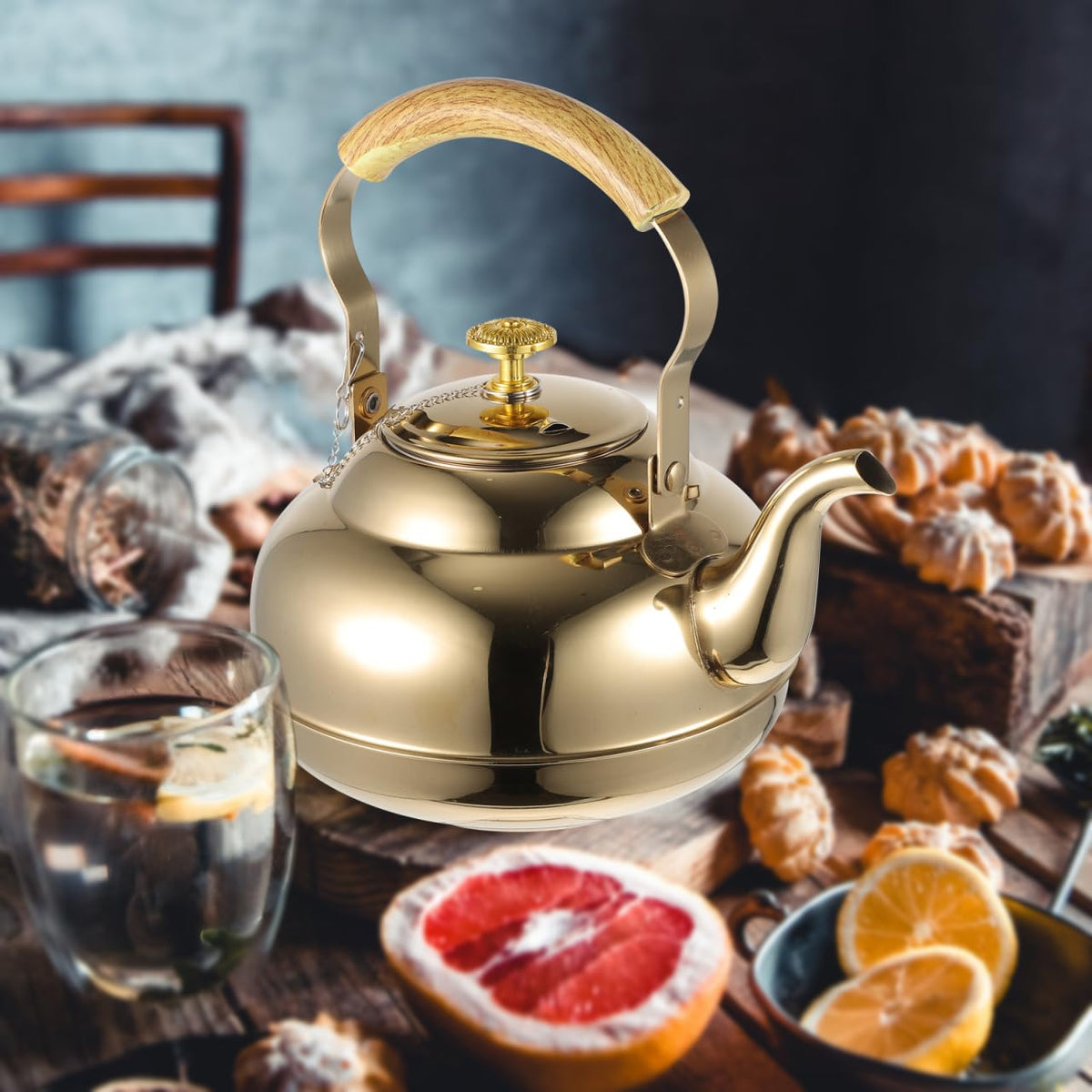 UPKOCH Stainless Steel Teapot with Strainer 2L Golden Tea Pot