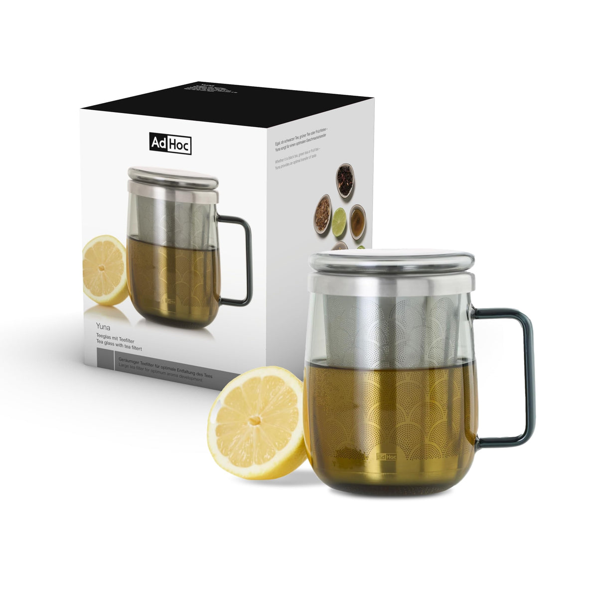 AdHoc Yuna Tea Glass with Tea Infuser, Grey Glass/Stainless Steel 18.9oz