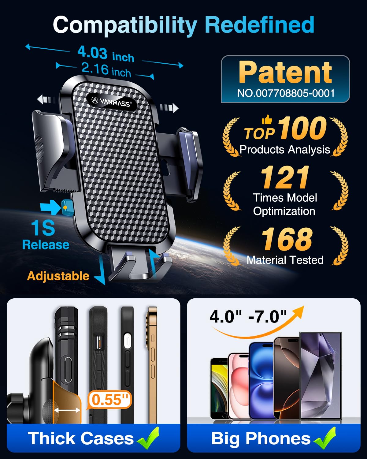 VANMASS Car Phone Holder 2026 Ultimate Military-Grade Strongest Suction & Clip Windshield Dashboard【Newest Best Strongest】 Cell Phone Automotive Dash Gauge Accents for iPhone 18 Pro Max 17 16 15 14