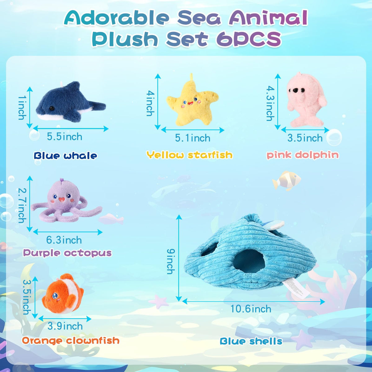 MIAODAM Ocean Sea Stuffed Animal Plush Set, 6Pcs Soft Sea Creature Plushies